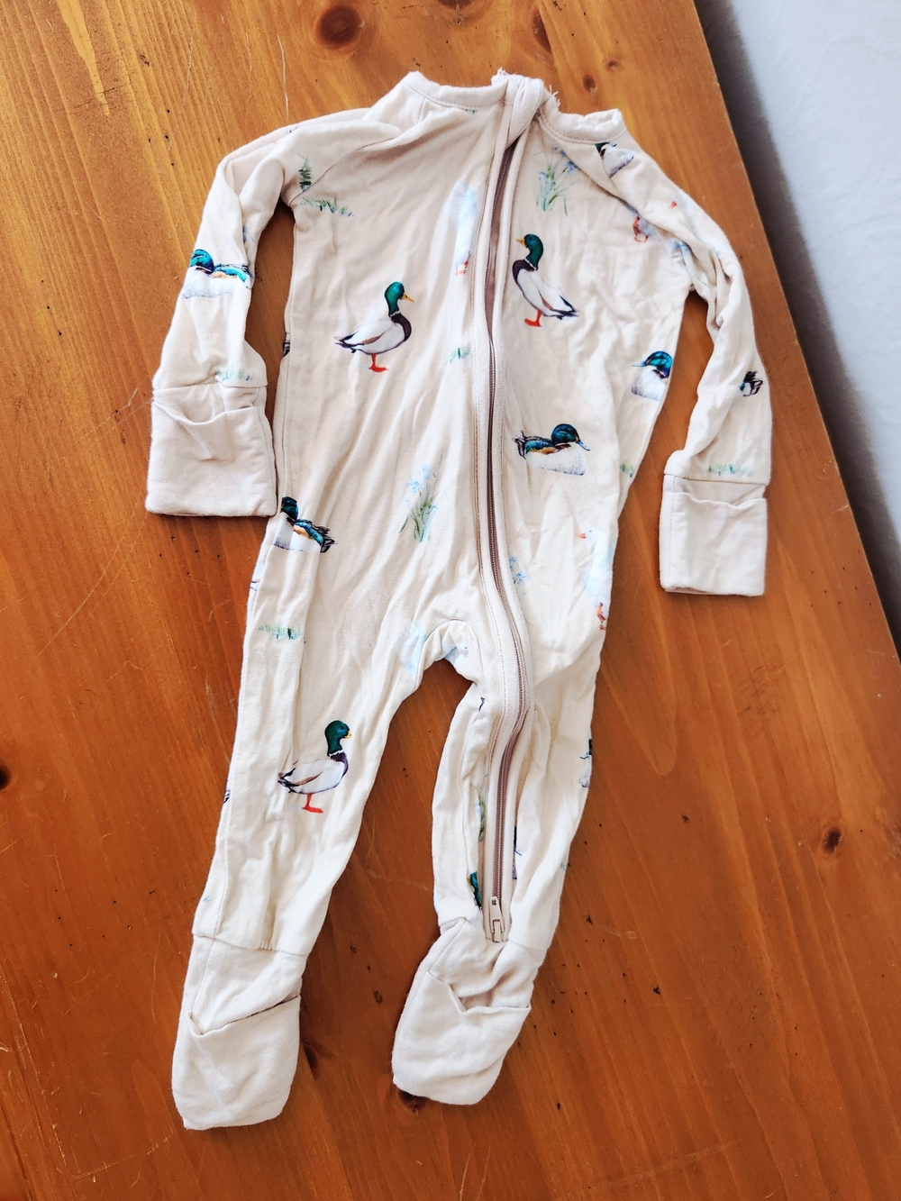 Baby 0-3m Bamboo Cream Duck-Print Footie